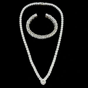 JB Silver Tone Shiny Crystal V Necklace Matching Cuff Bracelet Wedding Party New